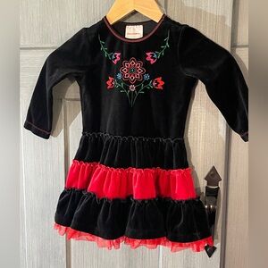 Hanna Andersson Christmas Velvet Embroidered Dress 90 3 Black Red Holiday Tiered